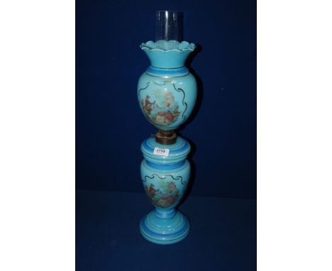 A pale blue Bohemia glass Oil Lamp with romantic scene, 24'' tall.