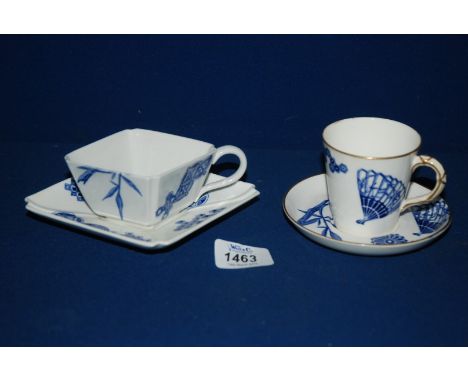 Two Royal Worcester blue and white Cups and saucers, with fan and motif decoration in "Aesthetic" pattern, one being of diamo