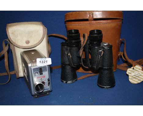 A soft leather cased Brownie 8 mm movie camera along with a brown leather cased pair of Kershaw extra wide angle Binoculars