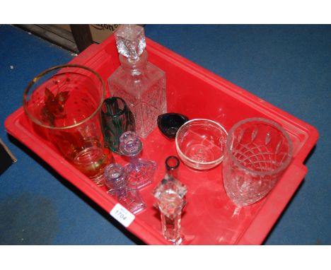 A quantity of glass including square decanter with stopper, gilt vase, cut glass vase, candlesticks, etc.
