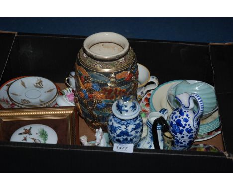 A quantity of china including two porcelain plaques of Pheasants and ducks flying, jugs, Eros cups and saucers, small hand pa