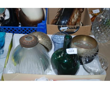 A hand blown Green Glass Bottle, plus a glass lamp shade, 2 metal pots and a blue crackle glazed vase etc.,