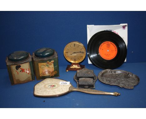 An eight day 'Imhof' Mantle Clock, old coffee and sugar canisters etc.