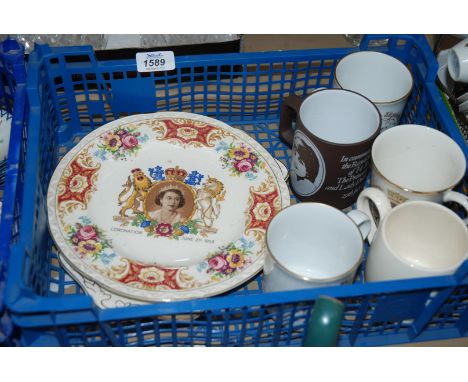 A quantity of commemorative china including Royal Worcester mugs, two plates, etc.