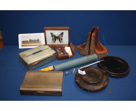 A quantity of miscellanea including two Cigarette Cases, Australian Mulca Wood Bookends, Butterfly picture, three J.R Stibbs 