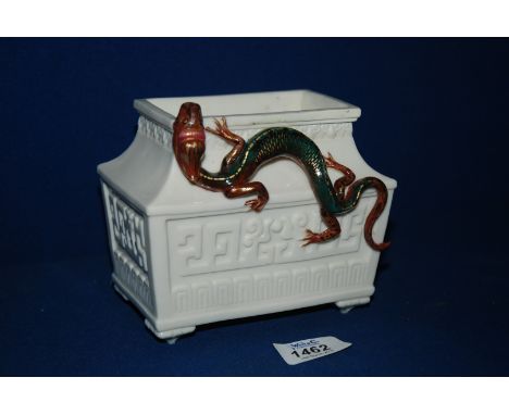 A white ground Royal Worcester rectangular Casket Vase with 'Lizard' in relief , 5'' overall