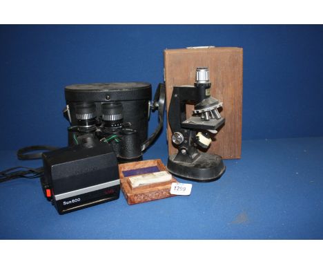 A Rik Microscope 100 x -750 x zoom in wooden case, a Polaroid Sun 600 camera, a cased Chinon pair of Binoculars 7.15 x 35 zoo