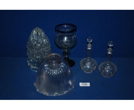 Two glass lamp Shades, two small bottles with stoppers, etc.