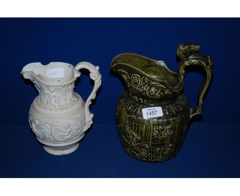 A green 'Woods' ale Jug with hunting Scene, along with a Creamware Jug with scenes of  the Four Seasons and cherub decoration