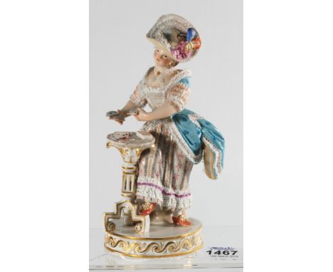 A Meissen figure of 'The Elegant Lady Playing Cards'. Finely detailed cast mid 19th century, fully marked to base. a/f. Broke
