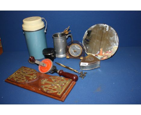 A quantity of miscellanea including Pewter tankard, paper knives, small circular mirror hand painted with a cottage and saili