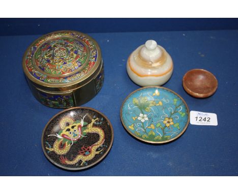 A Chinese Brass and Enamel lidded box, two Cloisonne pin dishes and an onyx pot.