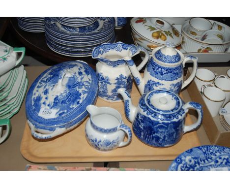 Five pieces of blue and white china including Spode, Caulden, George Jones, Masons