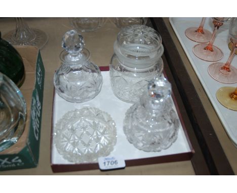 Two cut glass dumpy dressing table Bottles with faceted stoppers 5 3/4", a pickle jar with stopper 5 1/2" and an ashtray