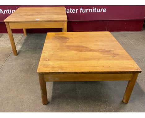Two similar Ercol Blonde ash and beech square occasional tables 