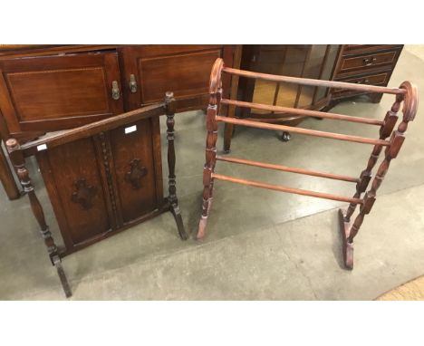 A Victorian mahogany towel rail and an early 20th Century carved oak firescreen 