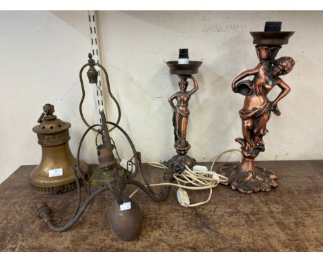 A pair of cast metal figural table lamps and other assorted light fittings 