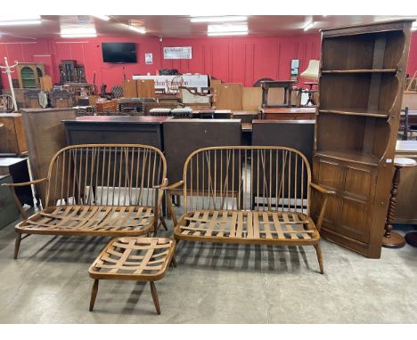 An Ercol Golden Dawn elm lounge suite, comprising; two model 203 Windsor settees, footstool and freestanding corner cupboard