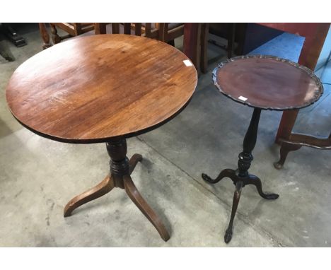 A Victorian oak tripod occasional table and a Chippendale style mahogany tripod wine table 
