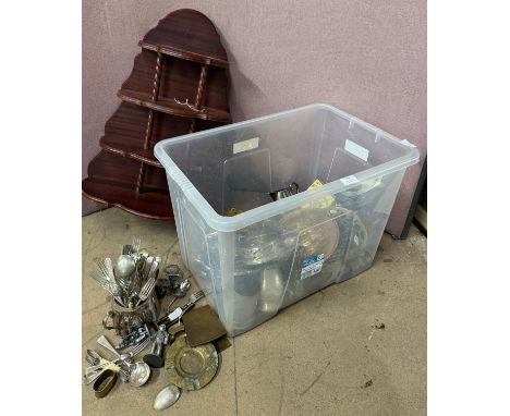 Assorted metalware and a mahogany wall hanging display shelf 