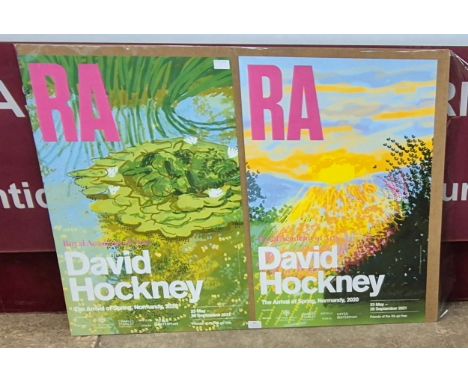 Two David Hockney Royal Academy exhibition posters, The Arrival of Spring, Normandy 2020, unframed