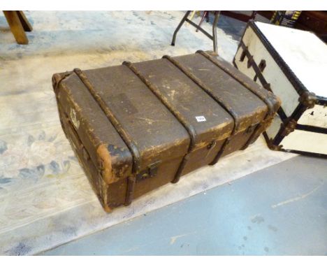 STEAMER TRUNK. Brown canvas covered Foundation Steamer trunk with wood and leather fittings
