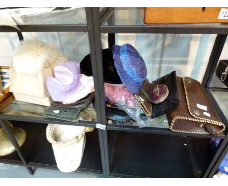 HATS AND HANDBAGS. Shelf of vintage hats and handbags including leather examples