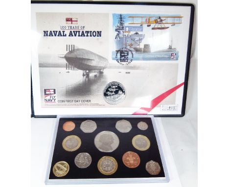 COINS AND STAMPS. Limited edition Naval Aviation coin, first day cover and UK 2007 proof coin collection