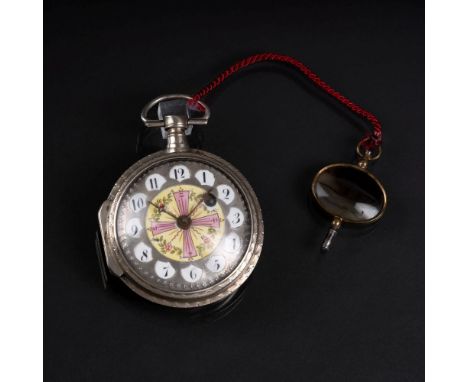 Spindeltaschenuhr mit Emaille-Malerei. 19. Jh. Silber, undeutl. gest., tlw. ziseliert. Zifferblatt mit Emaille-Kartuschen, ar