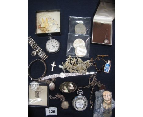 Box of assorted items to include; silver gate bracelet, silver bangle, silver locket on chain, various GB coins, Ingesoll poc