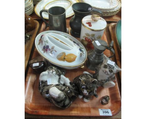Tray of assorted items to include; Royal Worcester Evesham oven to tableware tureen and canister, ceramic models of cats, pew