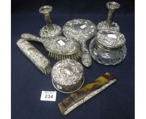 Art Nouveau design ladies dressing table set comprising pair of candlesticks, brushes, mirror, comb, ring box and glass jar w