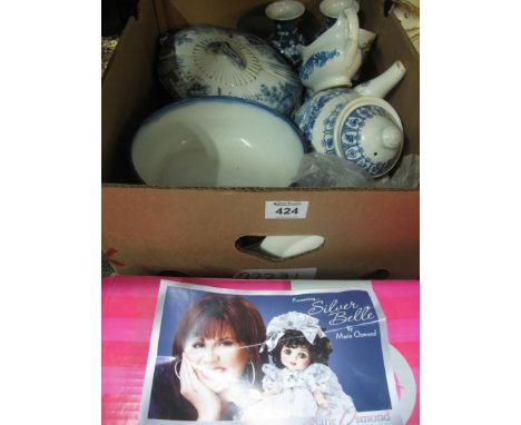 Box of mainly blue and white china to include; oriental design vases, gravy boat, cheese dish, lidded tureen and cover, Minto