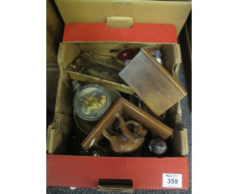 Box of assorted items to include; carved wooden elephant bookends, EPNS salt, cream jug and sugar bowl, plated rose design pr