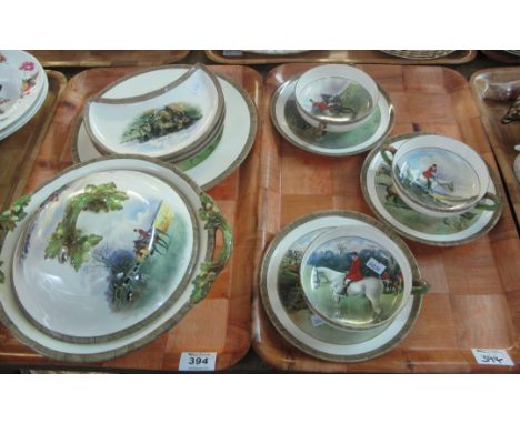 Two trays of Copeland &amp; Sons hunting scene dinnerware items, designed by Lionel Edwards to include; 'The Last Draw', 'Hun