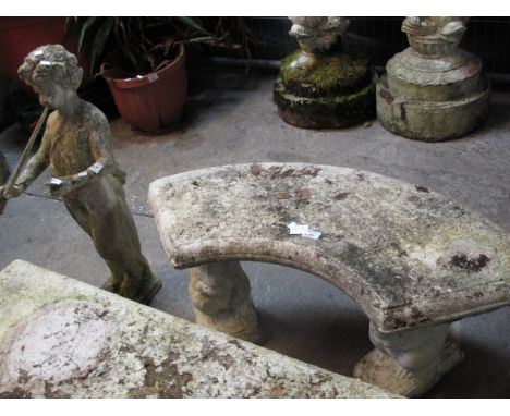 Small composite garden bench on squirrel pedestal of concave form, together with a composite garden figurine of a child playi