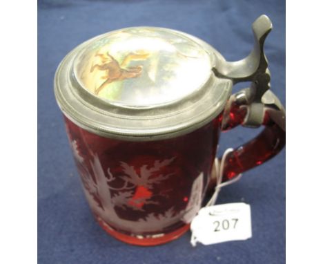 Victorian ruby glass flash cut tankard depicting stags in a woodland, the pewter lid with transfer printed panel of a stag an