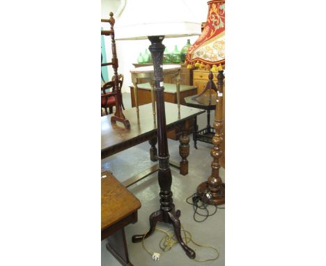 Victorian style mahogany tripod standard lamp with acanthus leaf decoration and shade. (B.P. 24% incl. VAT)