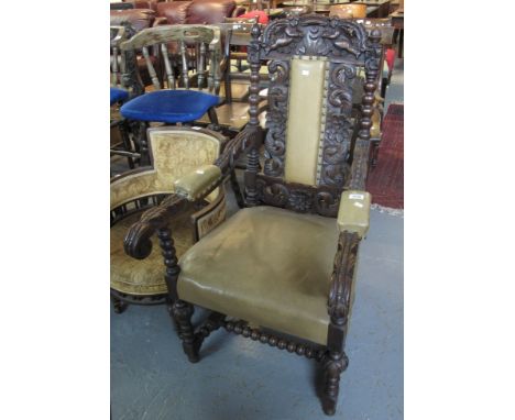 Late 19th/early 20th Century carved oak high back leather open armchair with bobbin turned supports. (B.P. 24% incl. VAT)