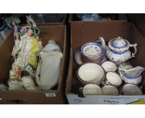 Two boxes of assorted china to include; a blue and white floral teaset, flat back figures, Beswick ceramic dogs etc. (2) (B.P