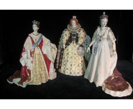 Three Royal Worcester bone china limited edition figurines to include; Queen Elizabeth I, Queen Elizabeth II & Queen Victoria