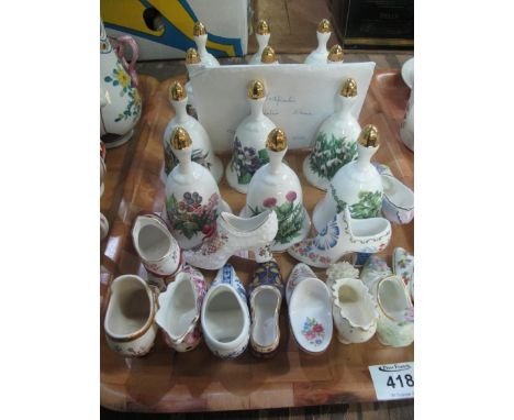 Set of 12 The Danbury Mint Summer Collection china bells, together with Masons, Coalport, Spode and other miniature shoes. (B