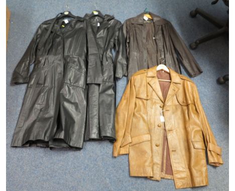 Four 70's-80's vintage leather coats, two long black ladies coats with tie belts and two short coats, one a light brown men's