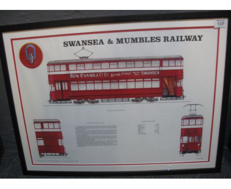 Railway series no. 1 'Swansea & Mumbles Railway', coloured print. 48 x 68cm approx, framed and glazed. (B.P. 24% incl. VAT)
