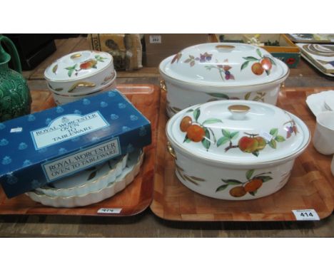 Two trays of Royal Worcester Evesham oven to tableware items to include; various tureens, flan dishes, oval sole dish etc. In