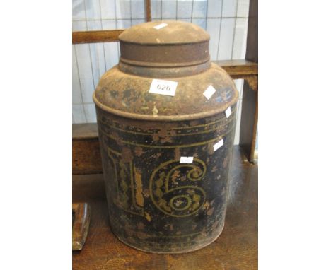Distressed metal lidded tea caddy numbered 16.(B.P. 24% incl. VAT)