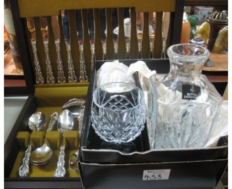 Royal Doulton crystal gift ware decanter and two glasses in original box, together with a cased canteen of community cutlery.