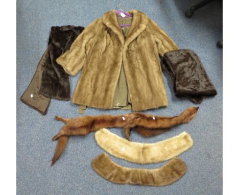 Vintage light brown mink fur short coat with floral embroidered lining. Together with a box of miscellaneous fur items to inc