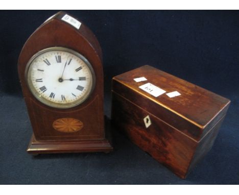 Small 19th Century mahogany tea caddy, together with an Edwardian inlaid mahogany lancet shaped boudoir clock. (2) (B.P. 24% 