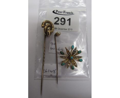 Victorian turquoise and seed pearl flower brooch and two pins.(B.P. 24% incl. VAT)